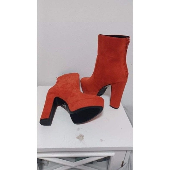 Women's TRENDY orange suede faux leather 5" block heel platform boots Size 7 - Picture 4 of 14